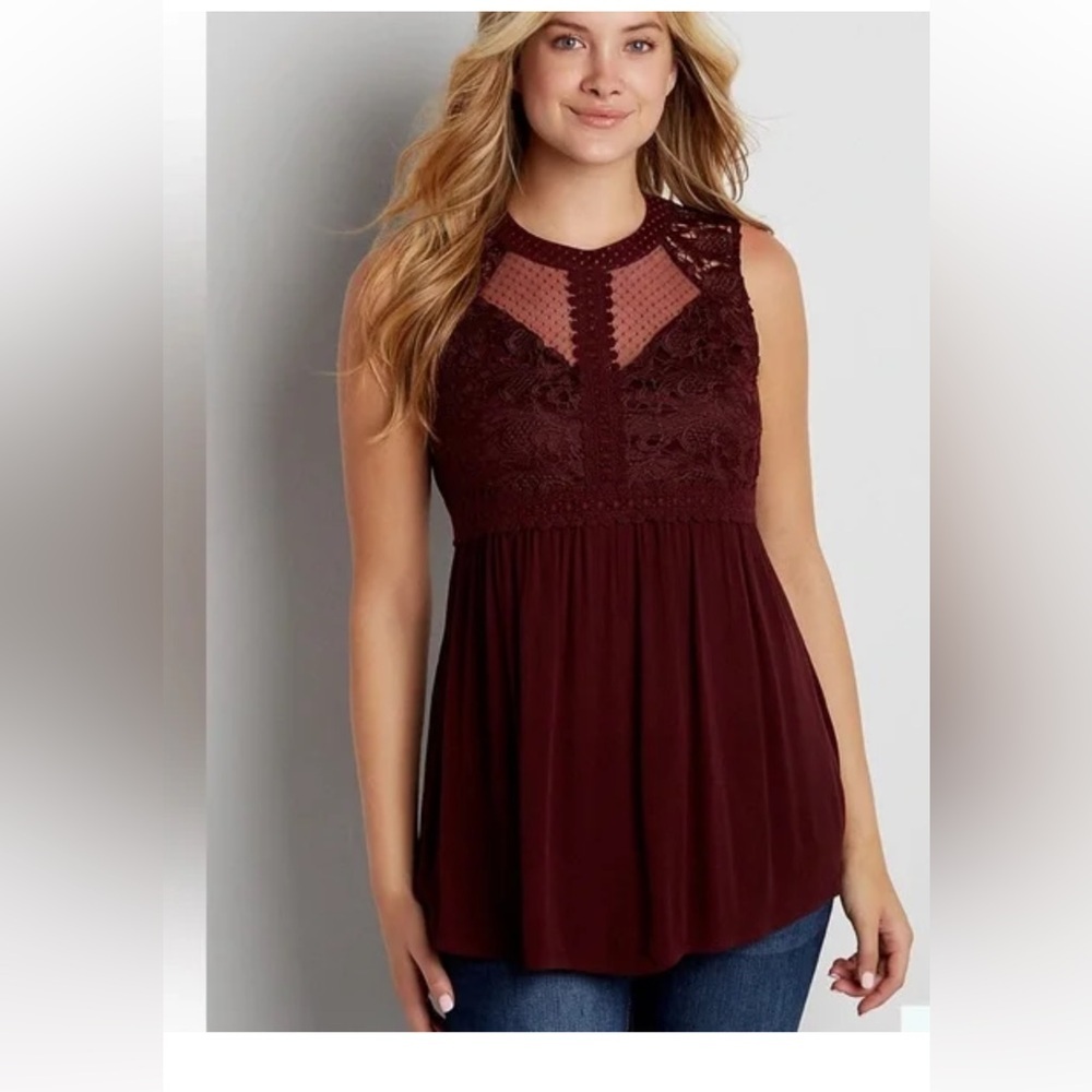 Sleeveless Lace Yoke Tank Top - Deep Wine Maurices Burgundy Lace tunic Size 1 L